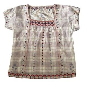 Johnny Was JWLA Embroidered Gauze Top – Boho Peasant Blouse – White/Purple/Red